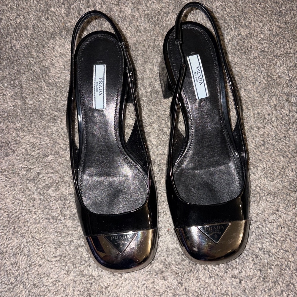 Prada Black Patent Slingback Pumps with Silver Cap Toe